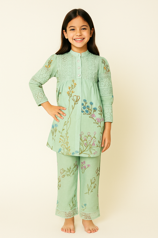 Cotton Printed Lace Work Cord Set 5390 Green