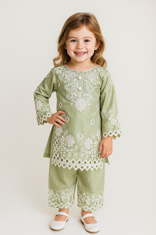 Georgette Embroidery Farshi Salwar Set 4696 Pista Green