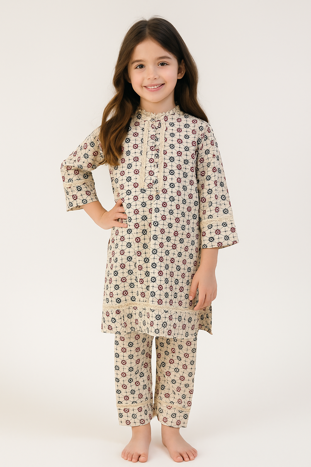 Cotton Printed Kurti Pant Set 1248 Cream