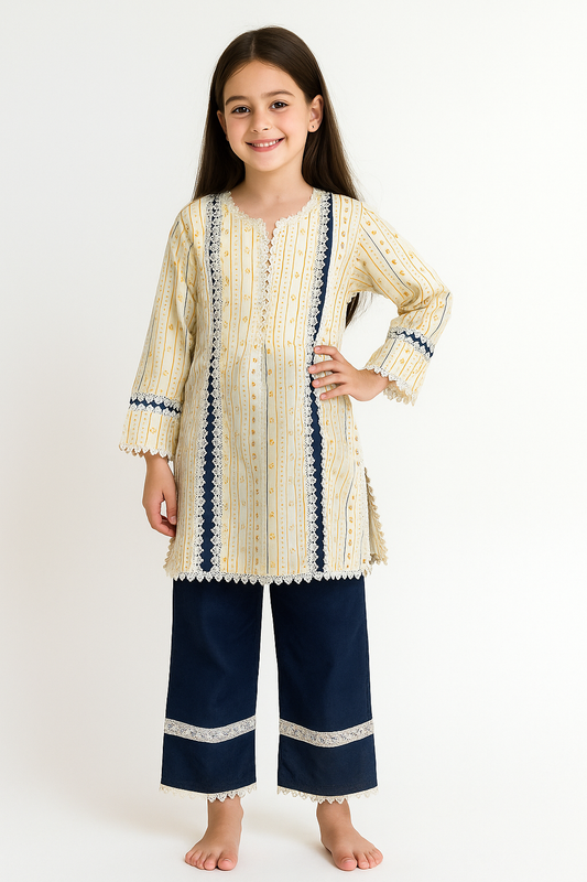 Cotton Printed Kurti Set 1252 Cream & Navy Blue