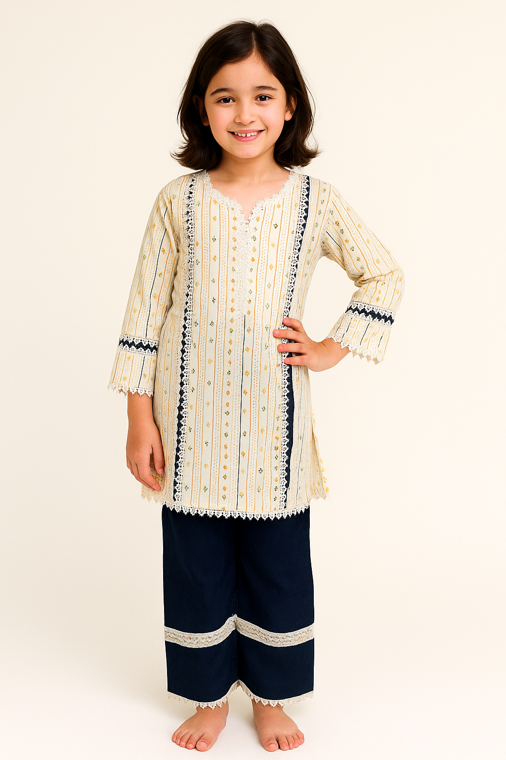 Cotton Printed Kurti Set 1252 Cream & Navy Blue