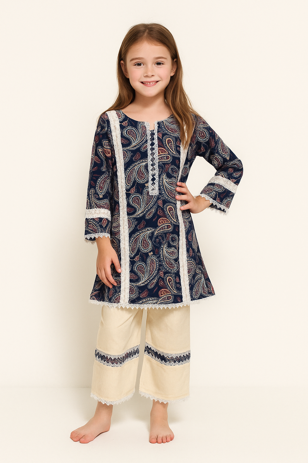 Cotton Printed Kurti Set 1253 Navy Blue & Cream