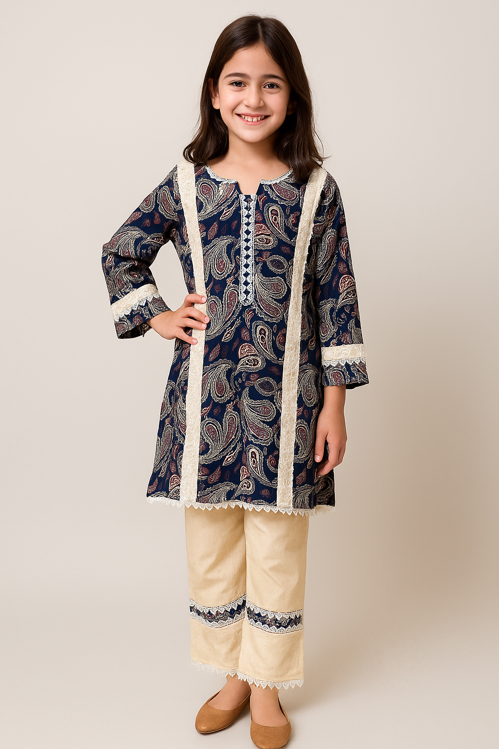 Cotton Printed Kurti Set 1253 Navy Blue & Cream