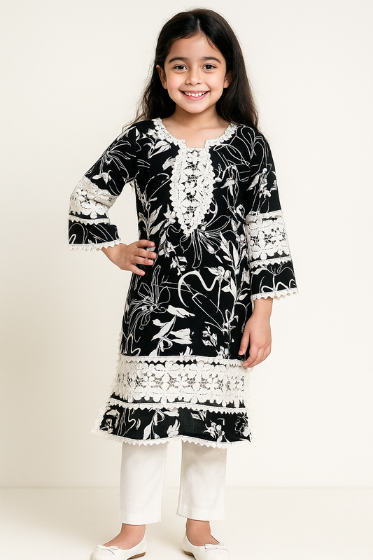 Cotton Printed Lace Work Kurti Set 1254 Black