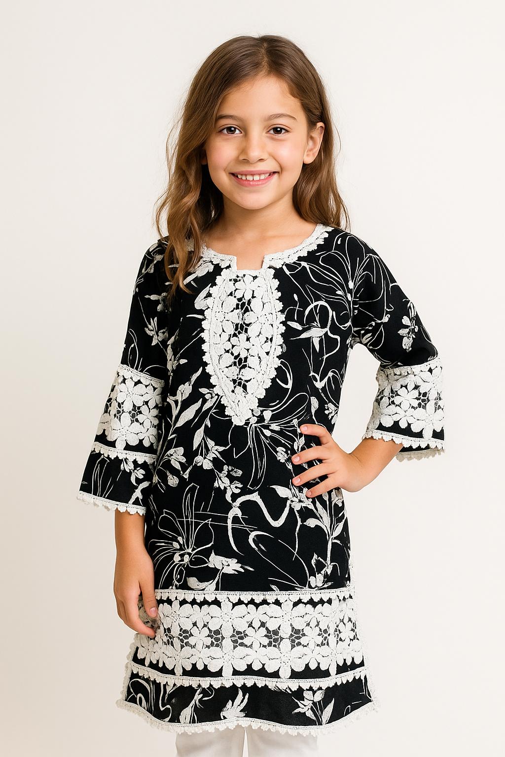 Cotton Printed Lace Work Kurti Set 1254 Black