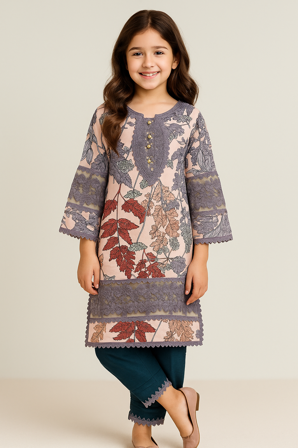 Cotton Printed Lace Work Kurti Set 1255 Grey