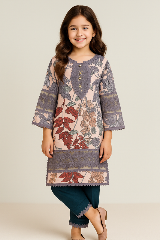 Cotton Printed Lace Work Kurti Set 1255 Grey