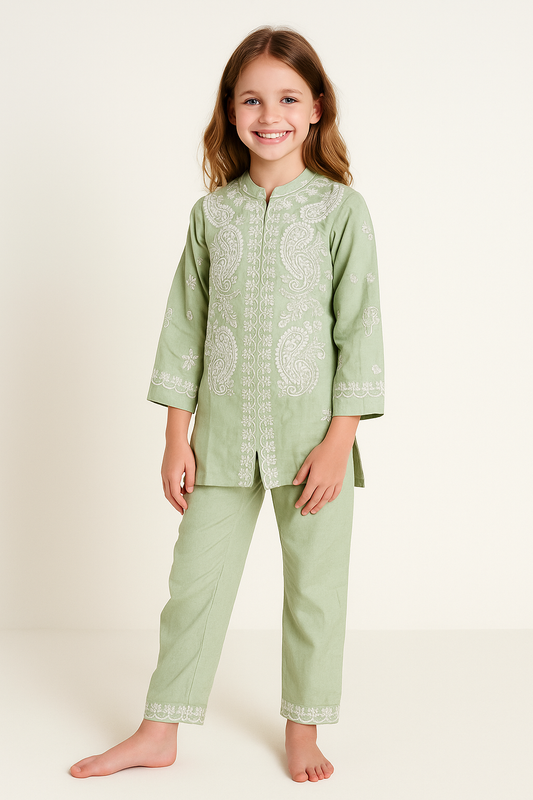 Cotton Embroidery kurti Set 1257 Pista Green