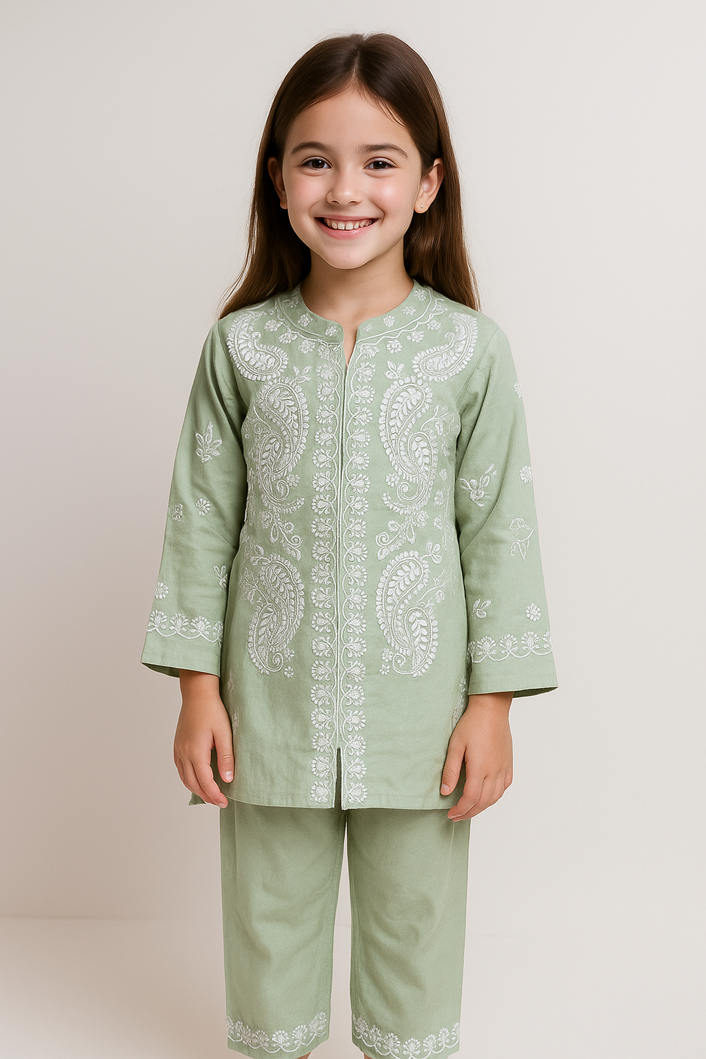 Cotton Embroidery kurti Set 1257 Pista Green