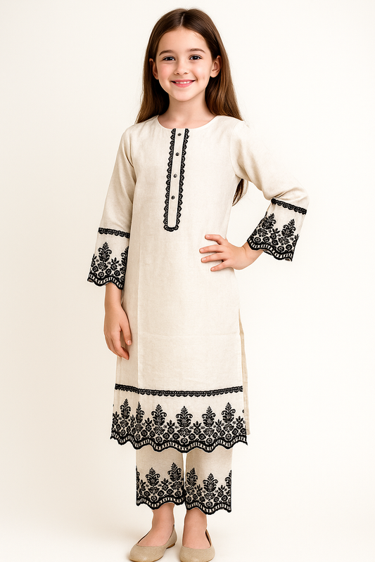 Cotton Embroidery Kurti Set With Dupatta 1264 White