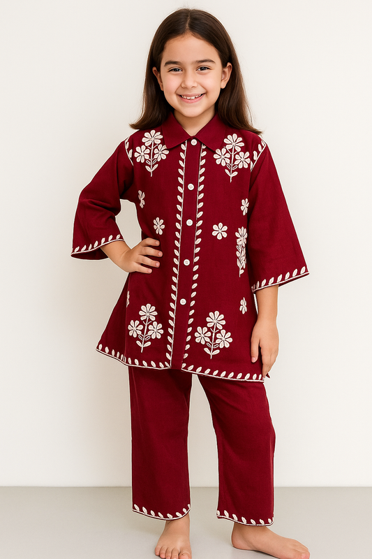 Cotton Embroidered Cord Set 1262 Maroon