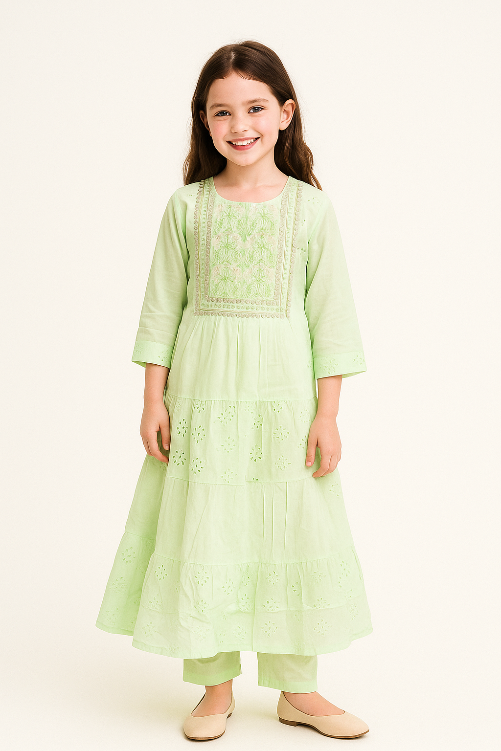 Cotton Embroidery Gown Set 1268 Pista Green