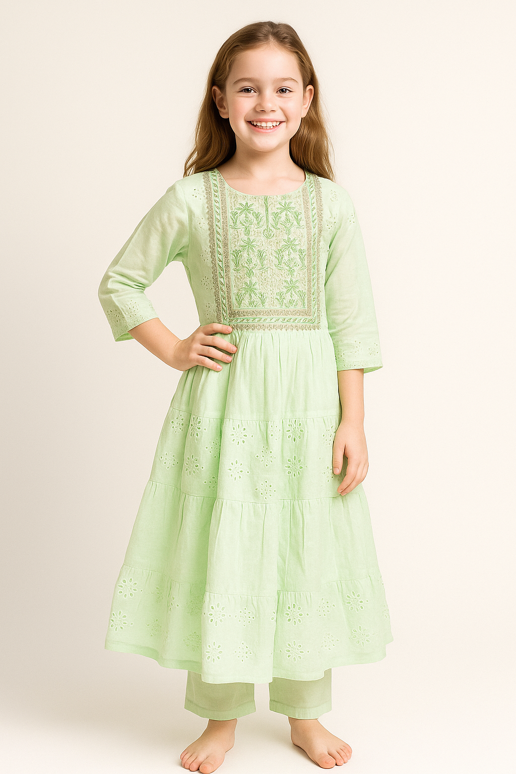 Cotton Embroidery Gown Set 1268 Pista Green