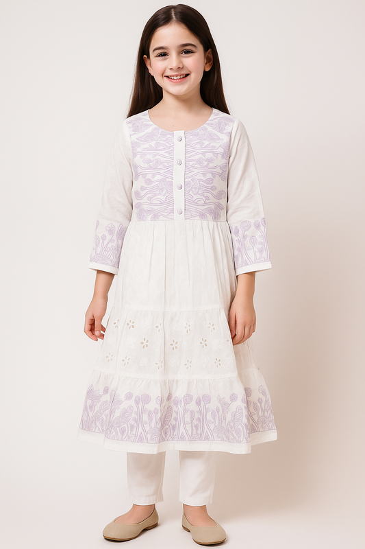 Cotton Embroidery Gown Set 1269 White