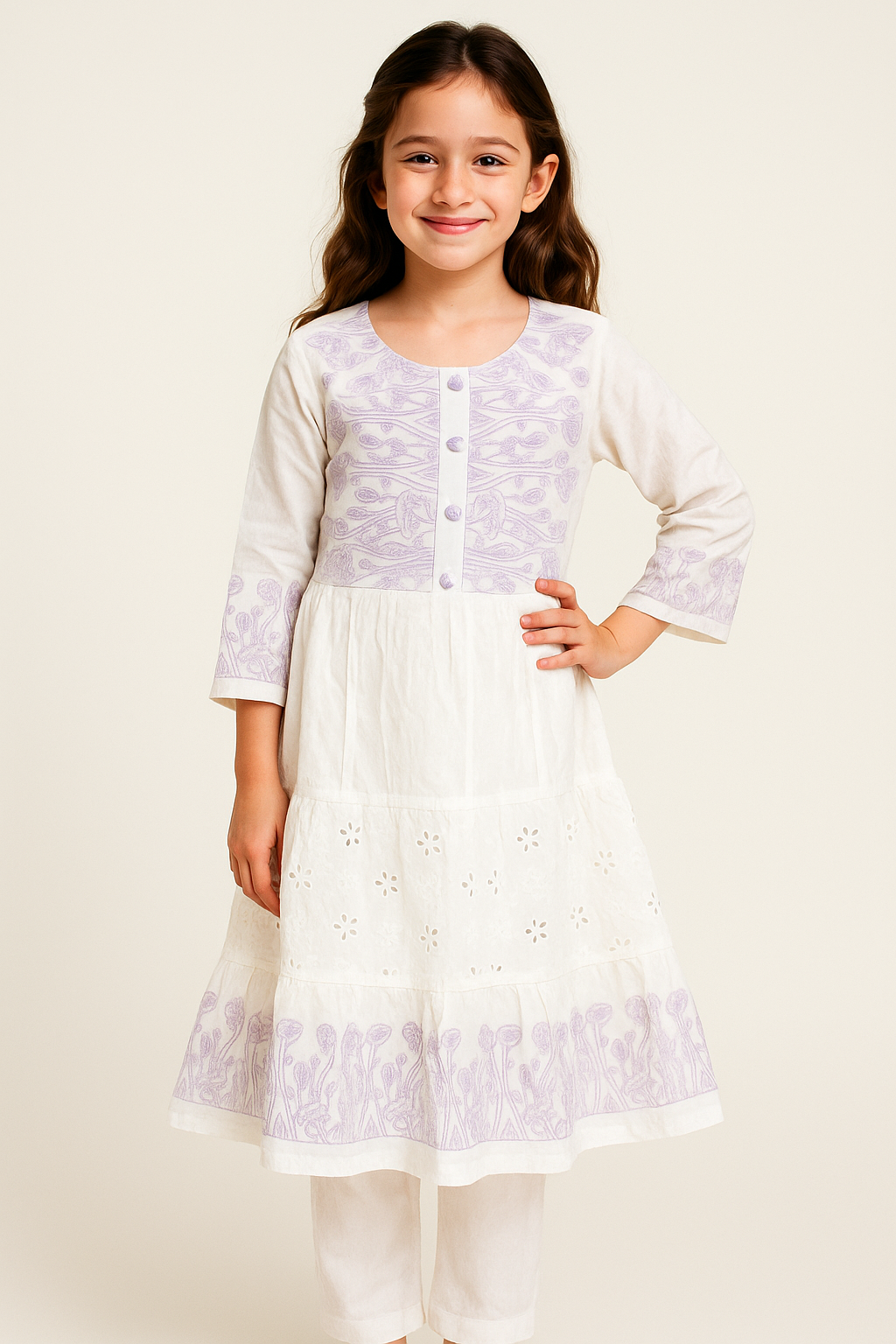 Cotton Embroidery Gown Set 1269 White