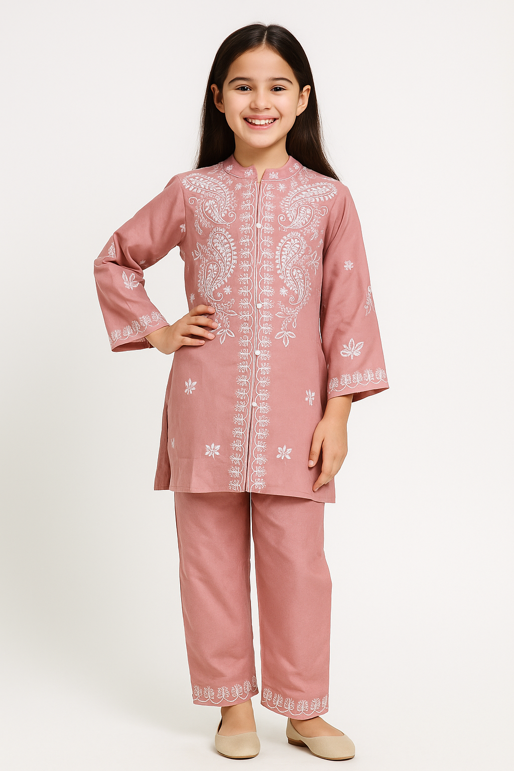 Cotton Embroidery kurti Set 1263 Peach