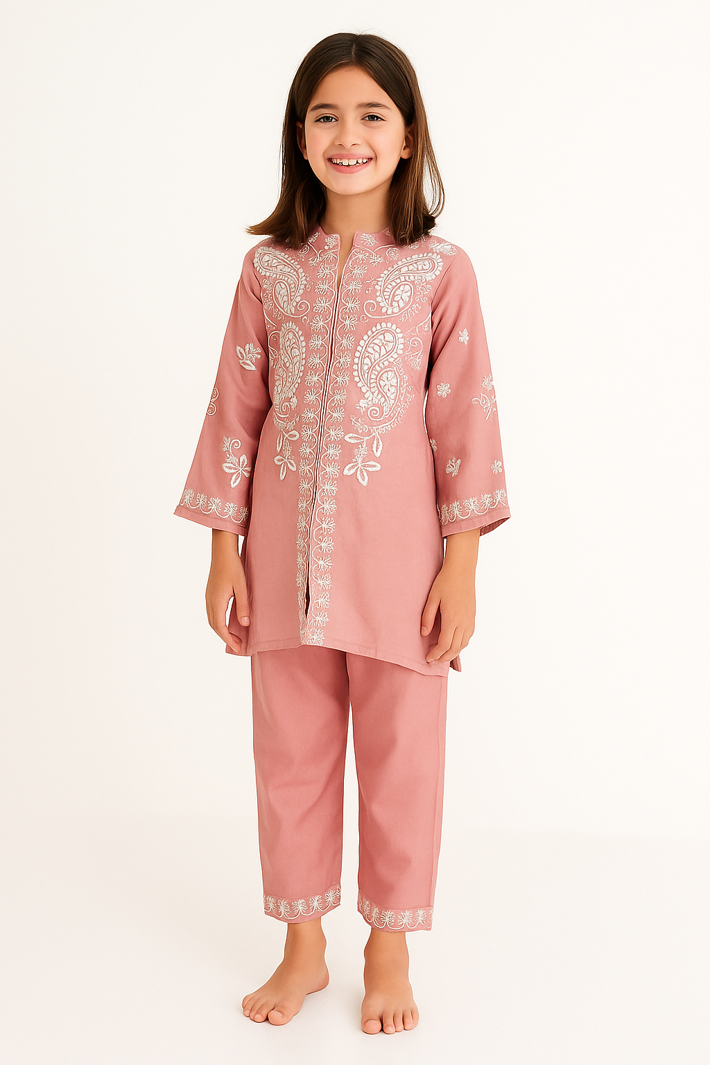 Cotton Embroidery kurti Set 1263 Peach