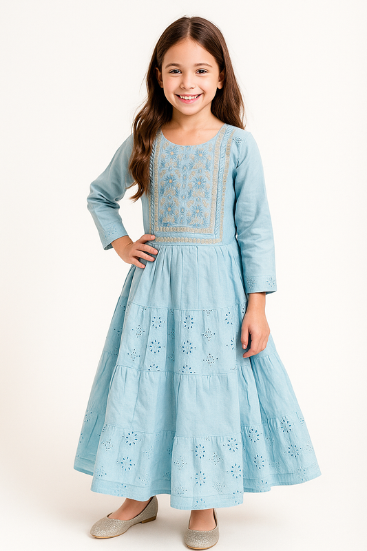 Cotton Embroidery Gown Set 1270 Sky Blue