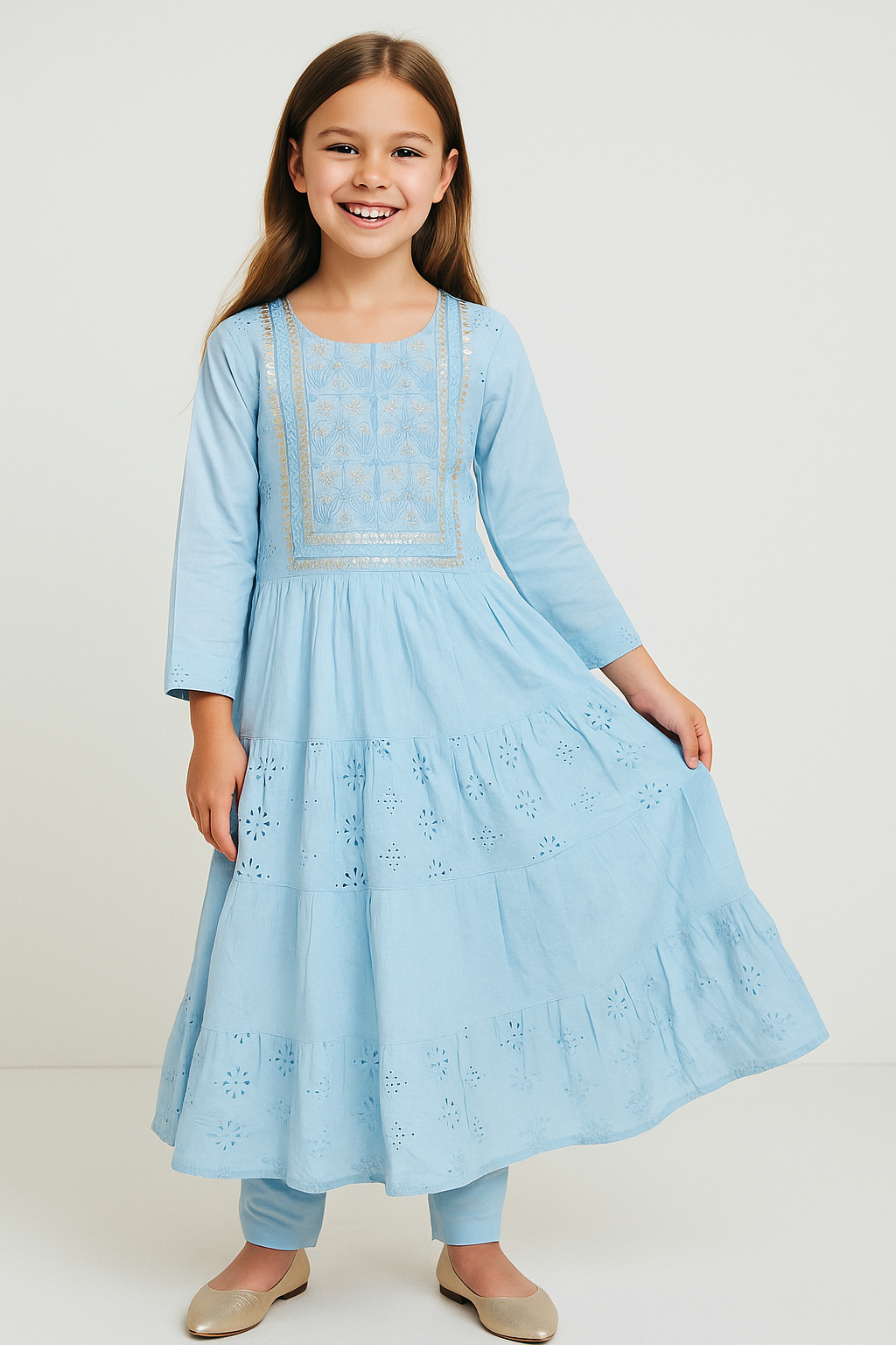 Cotton Embroidery Gown Set 1270 Sky Blue
