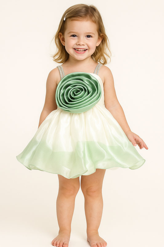 Green & White Satin Rose Frock 2533