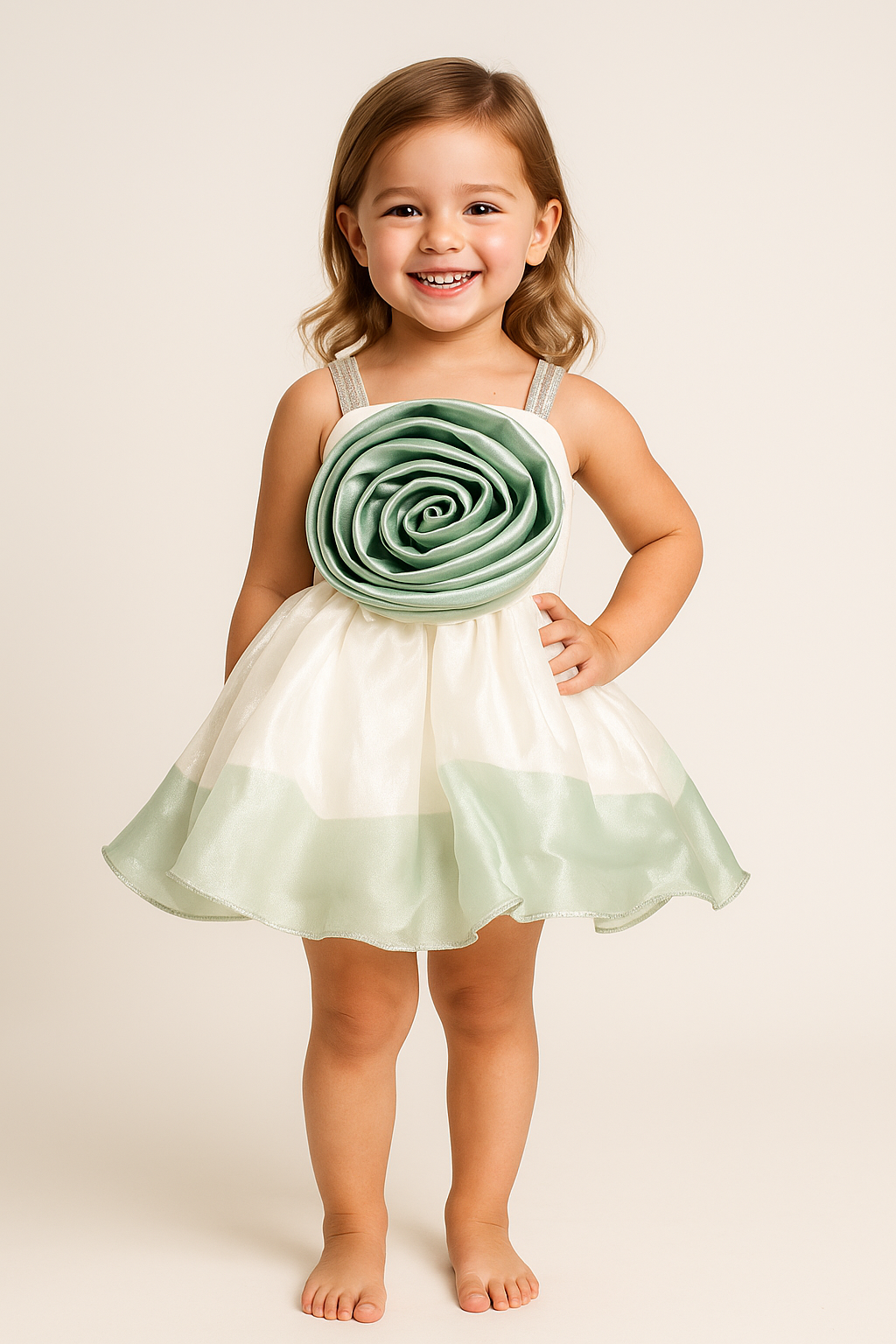 Green & White Satin Rose Frock 2533