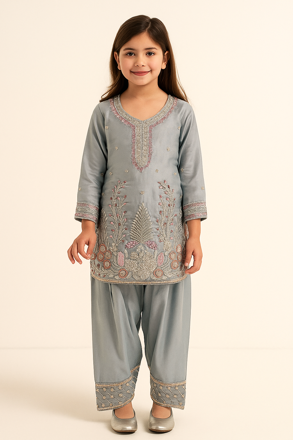 Georgette Bids Work Farshi Salwar Set 1612 Grey