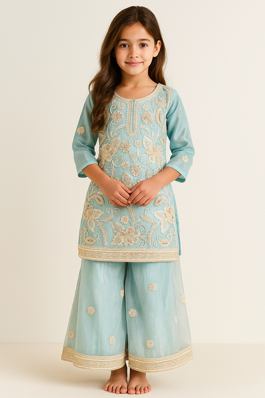 Net Embroidery Plazo Set 1395 Sky Blue