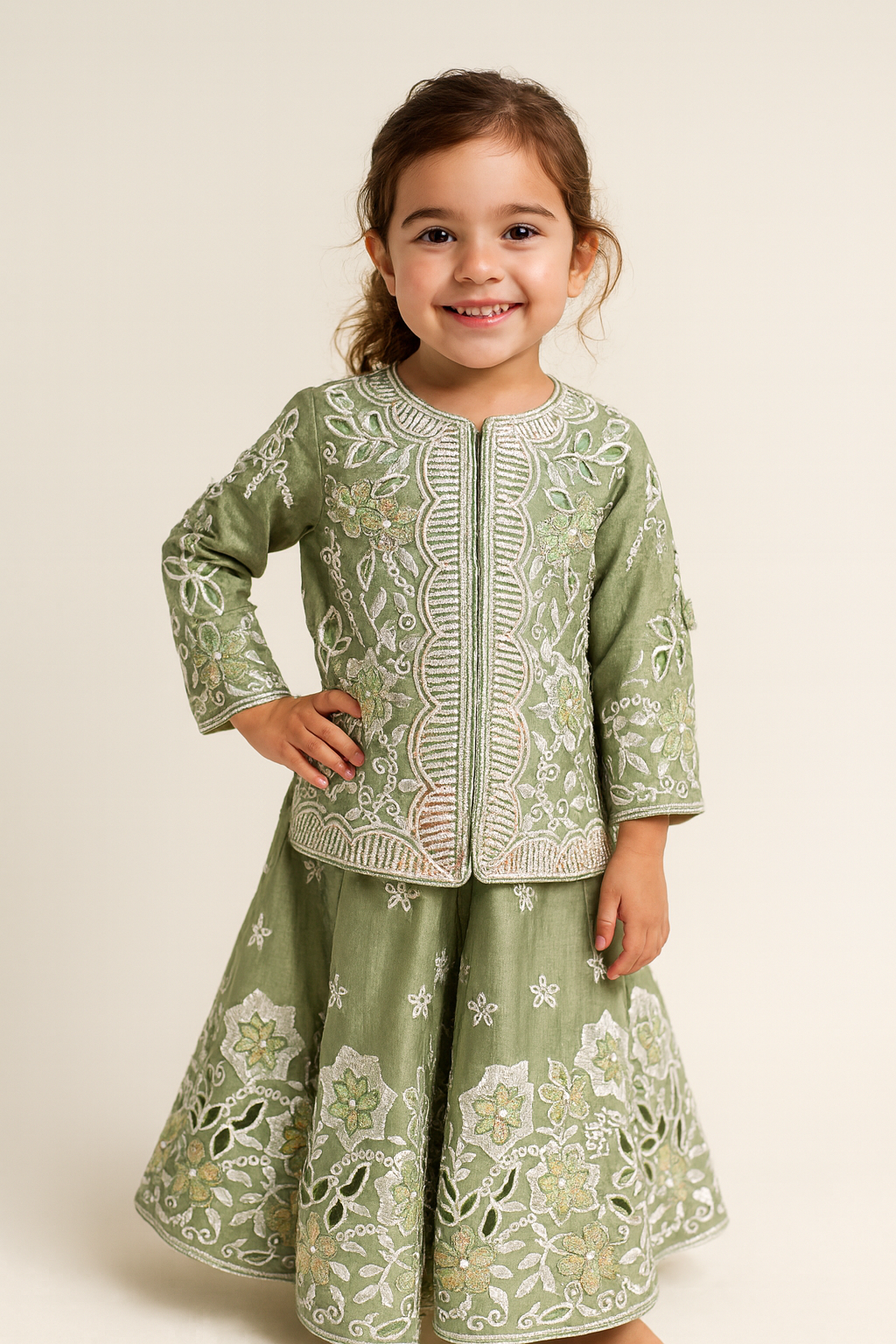 Georgette Sequence Work Plazo Set 4687 Green