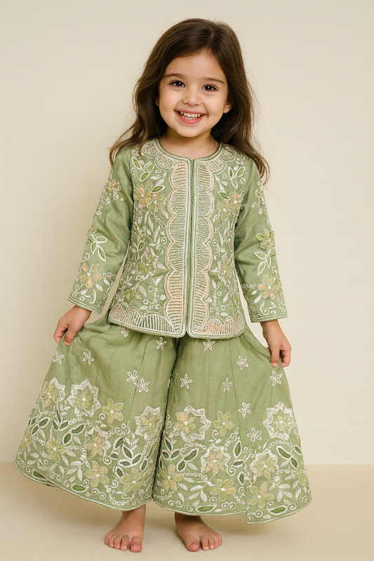 Georgette Sequence Work Plazo Set 4687 Green