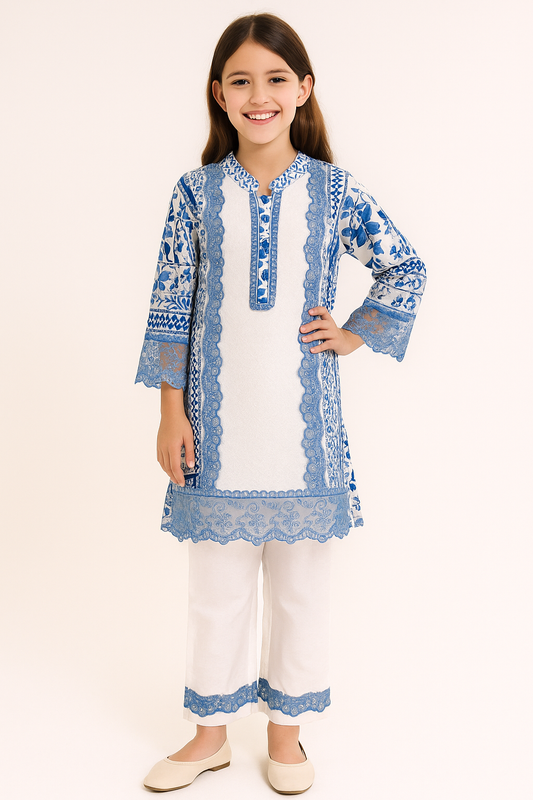 Cotton Embroidery Kurti Set 1279 White & Sky Blue