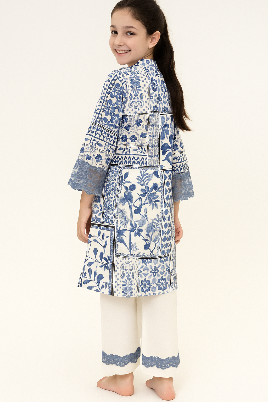 Cotton Embroidery Kurti Set 1279 White & Sky Blue