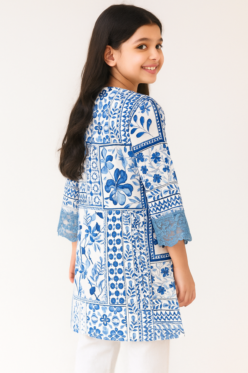 Cotton Embroidery Kurti Set 1279 White & Sky Blue