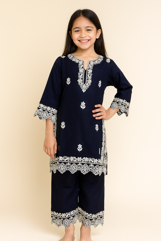 Cotton Cut Work Kurti Set 1285 Navy Blue