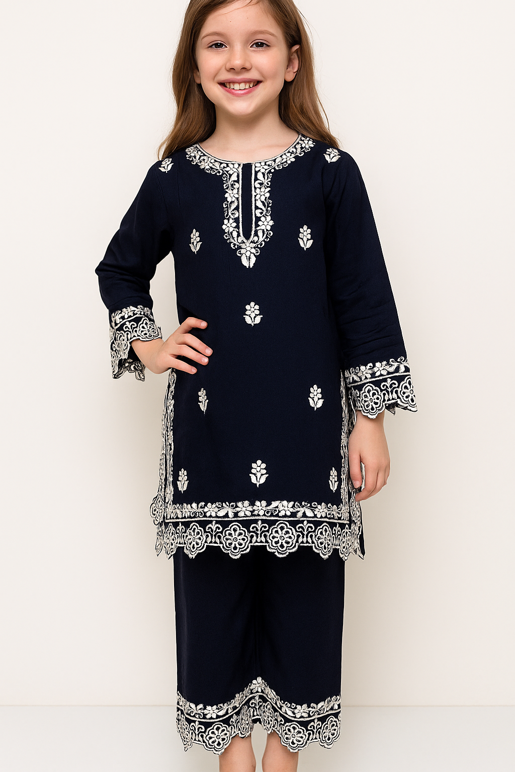 Cotton Cut Work Kurti Set 1285 Navy Blue