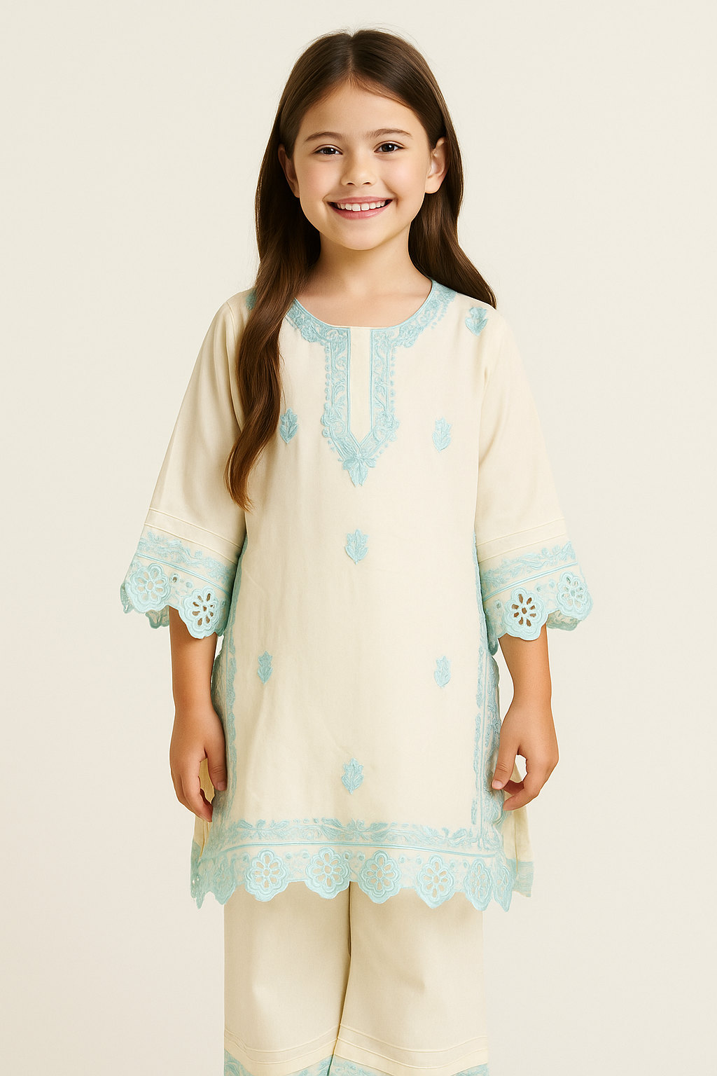 Cotton Cut Work Kurti Set 1286 Cream