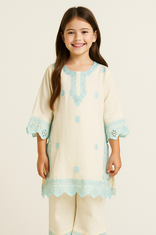 Cotton Cut Work Kurti Set 1286 Cream