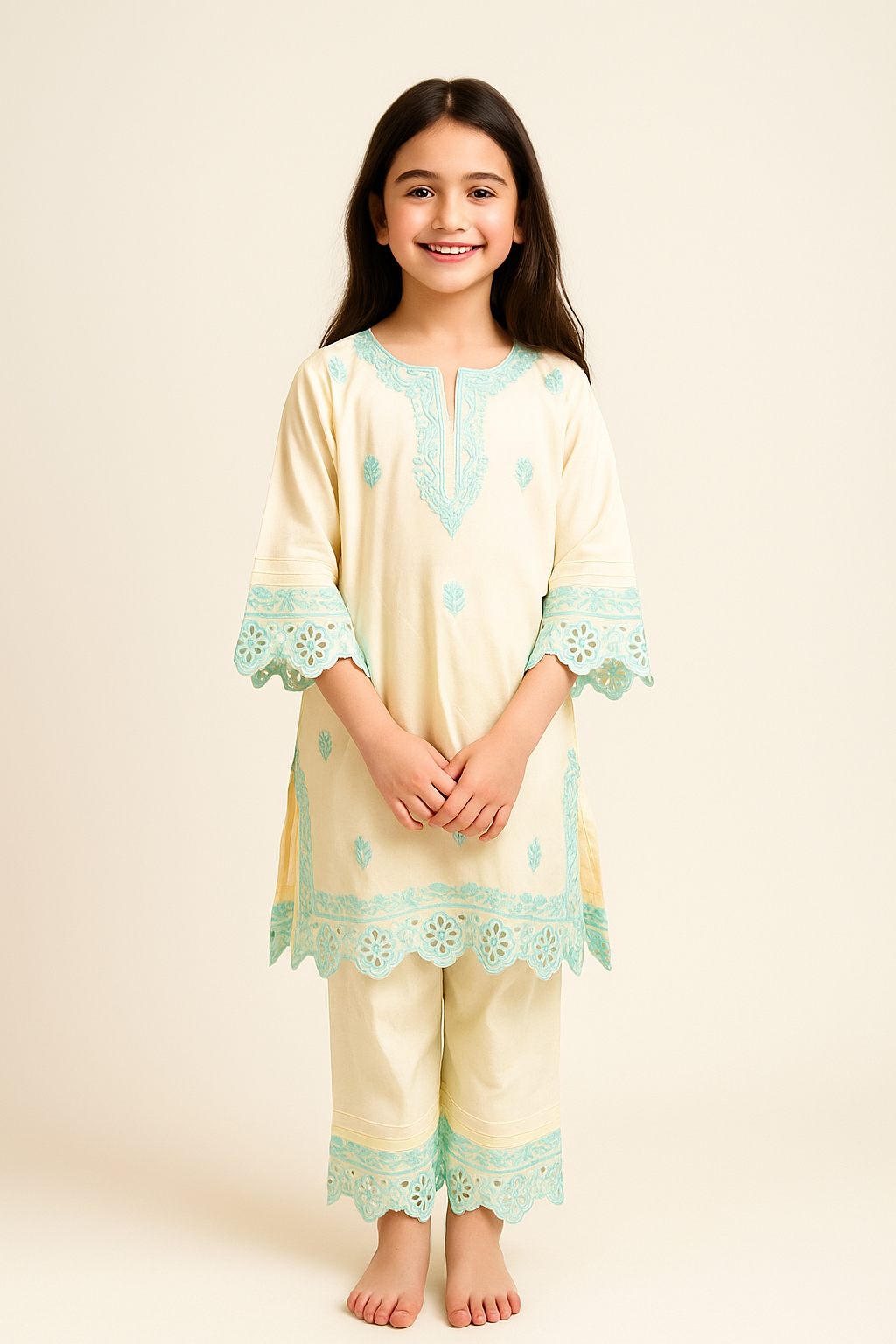 Cotton Cut Work Kurti Set 1286 Cream