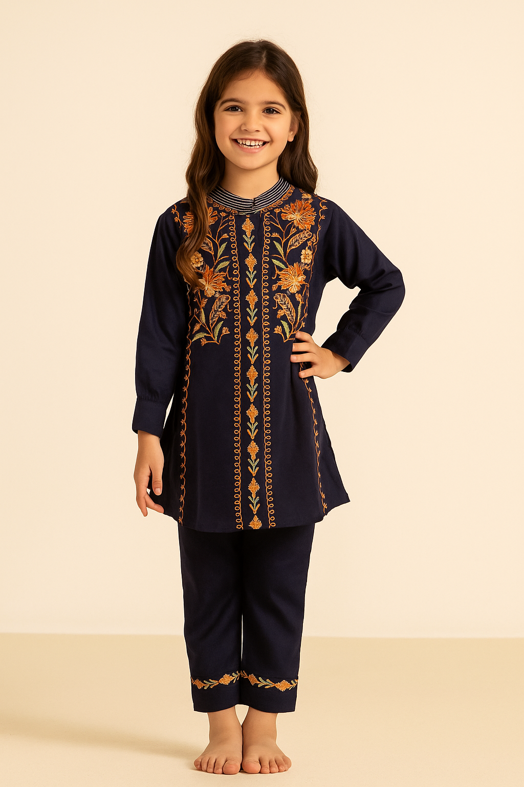 Cotton Embroidery Kurti Set 1288 Navy Blue