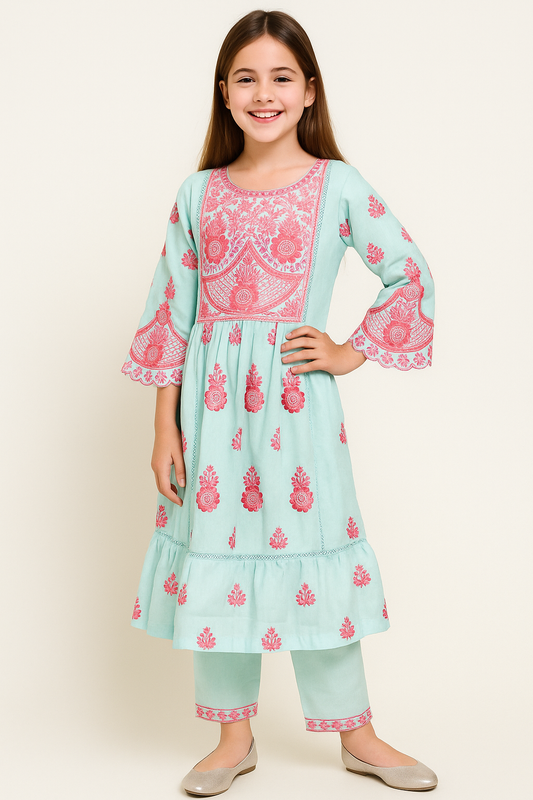 Cotton Embroidery Gown With Pants 4530 Sky Blue