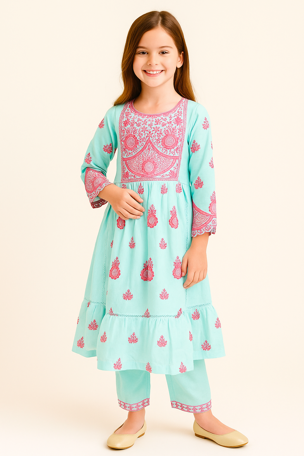Cotton Embroidery Gown With Pants 4530 Sky Blue
