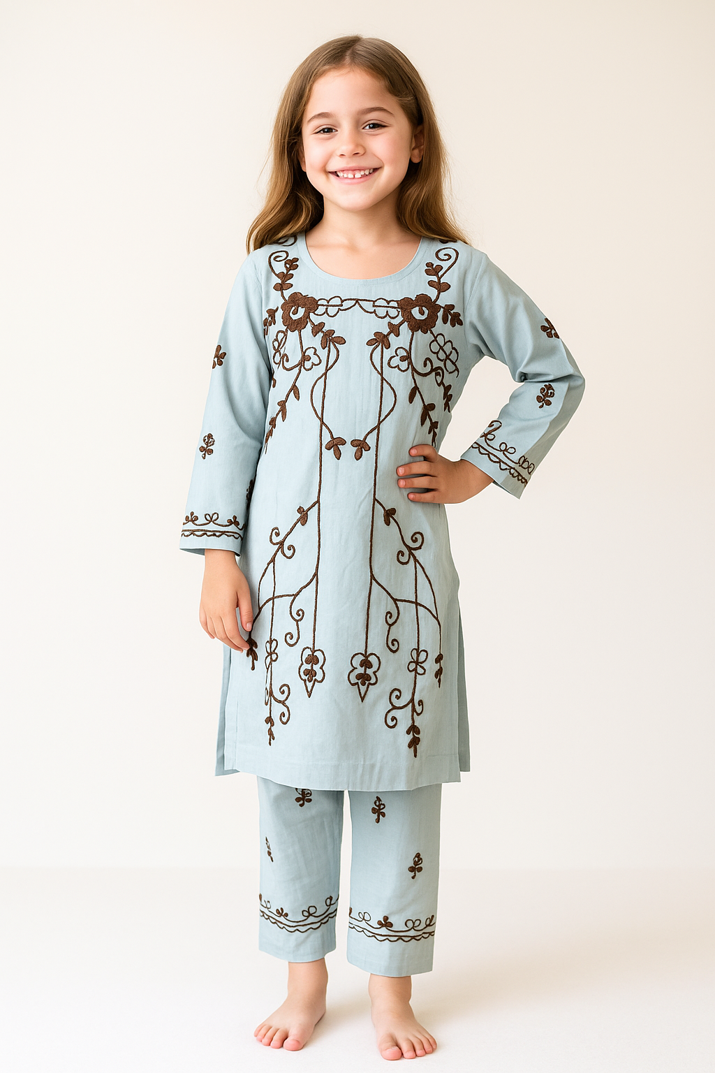Cotton Embroidery Kurti Set 1290 Sky Blue