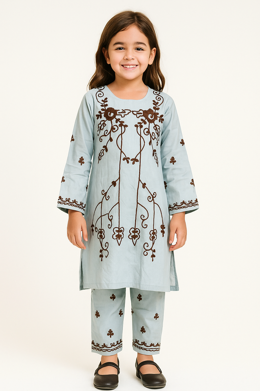 Cotton Embroidery Kurti Set 1290 Sky Blue