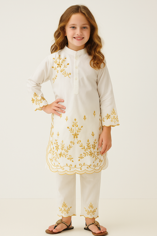 Cotton Embroidery Kurti Set 1291 White