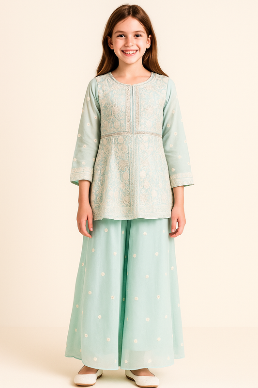 Georgette Thread Work Plazo Set 4639 Firozi