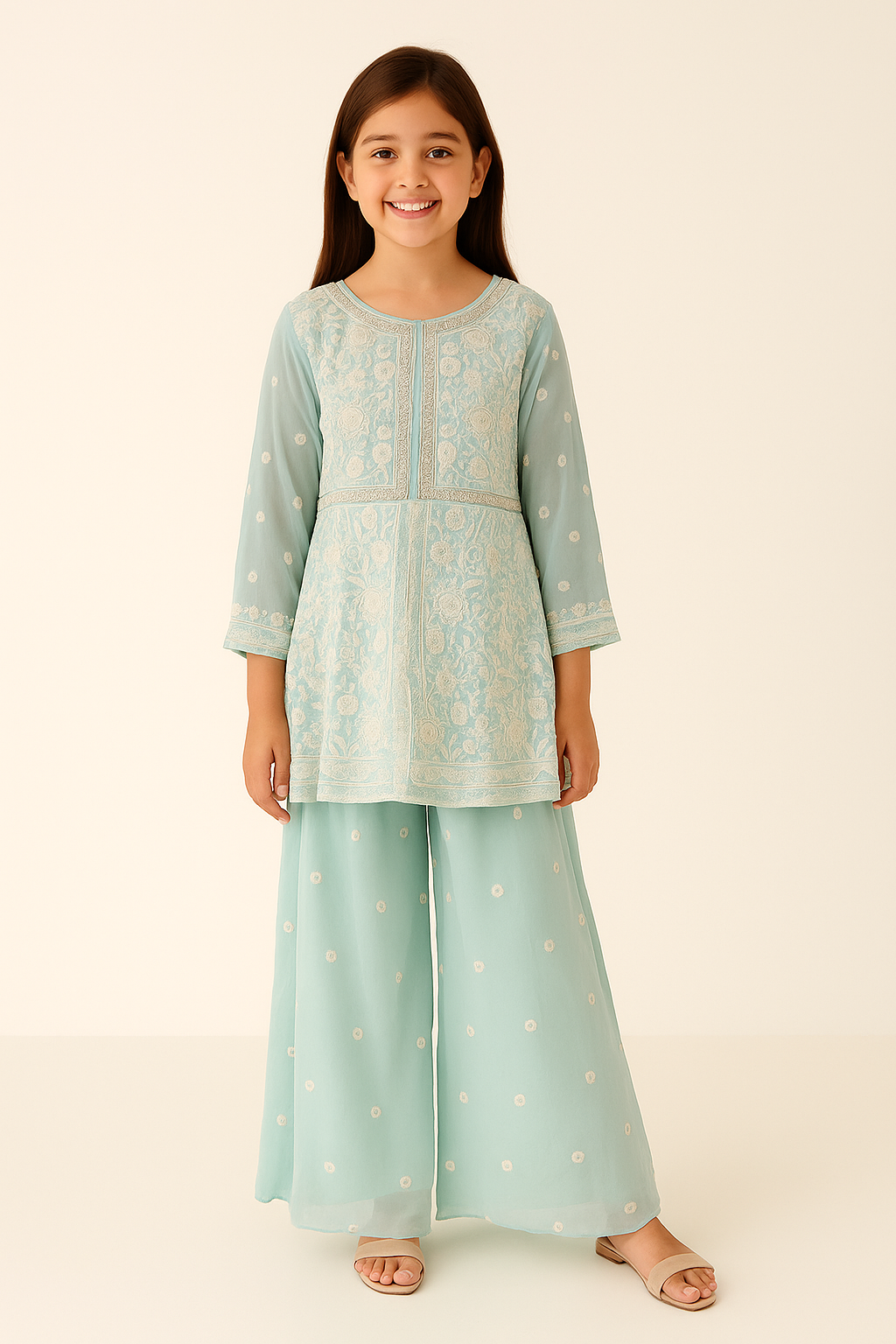 Georgette Thread Work Plazo Set 4639 Firozi