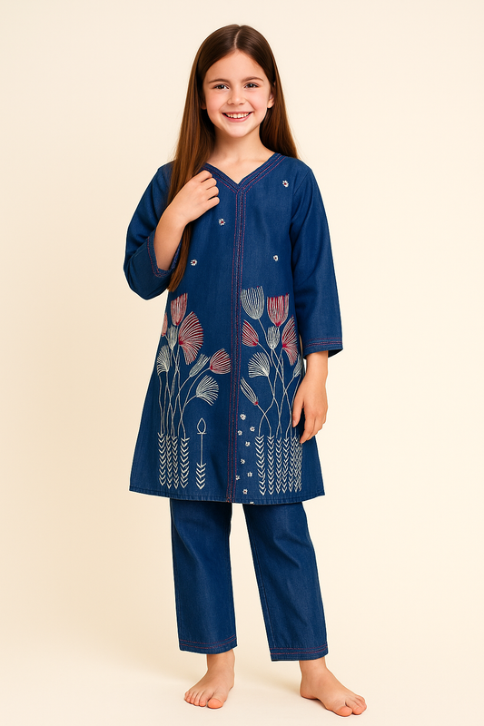 Cotton Embroidery Denim Kurti Set 1294 Blue