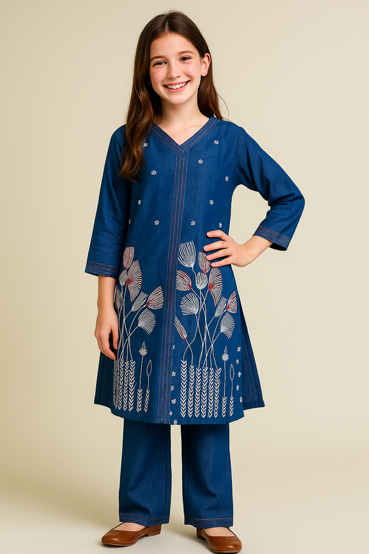 Cotton Embroidery Denim Kurti Set 1294 Blue