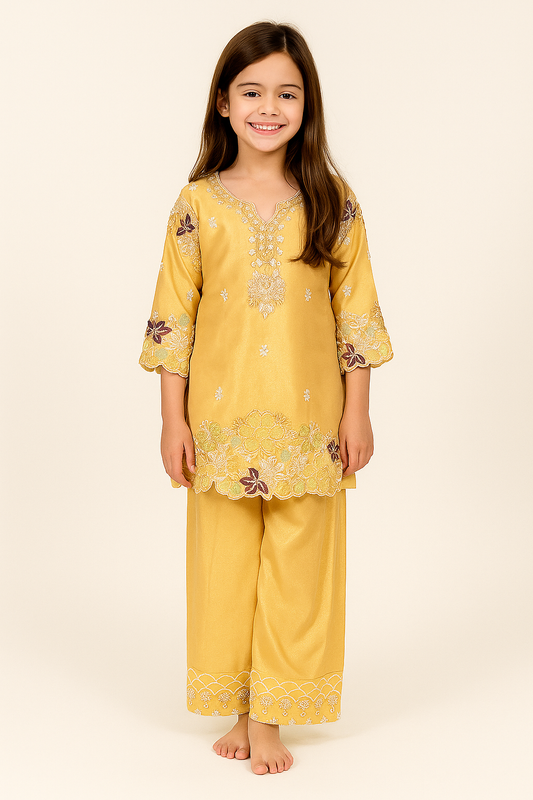 Georgette Bids Work Kurti Plazo Set 1615 Yellow