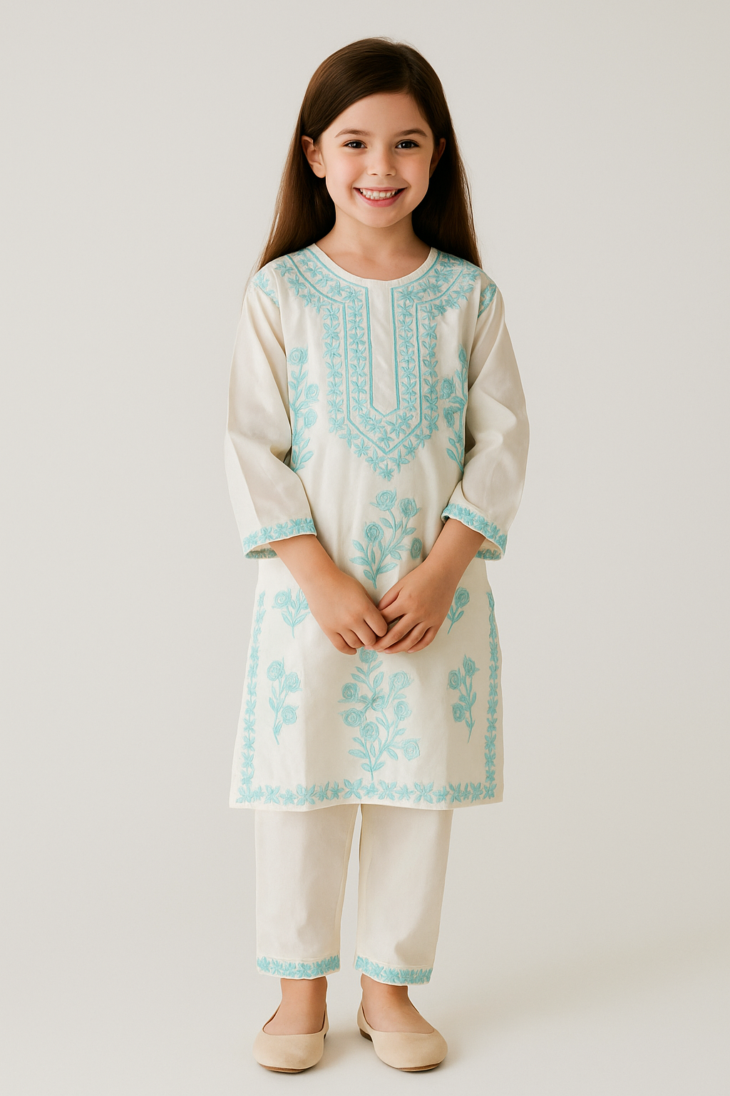 Cotton Embroidery Kurti Set 1295 Cream