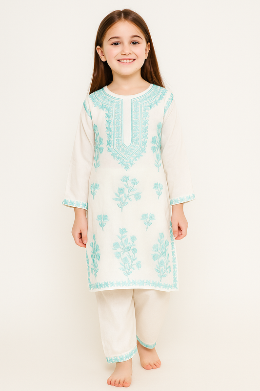 Cotton Embroidery Kurti Set 1295 Cream
